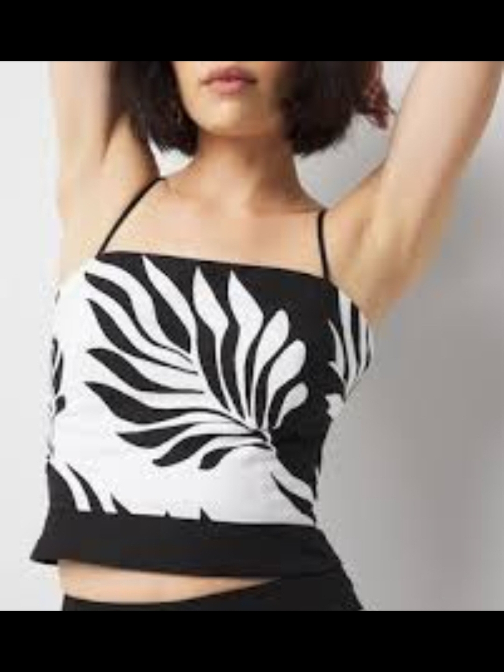 Black and White Leaf-Print Spaghetti-Strap Linen Blend Top